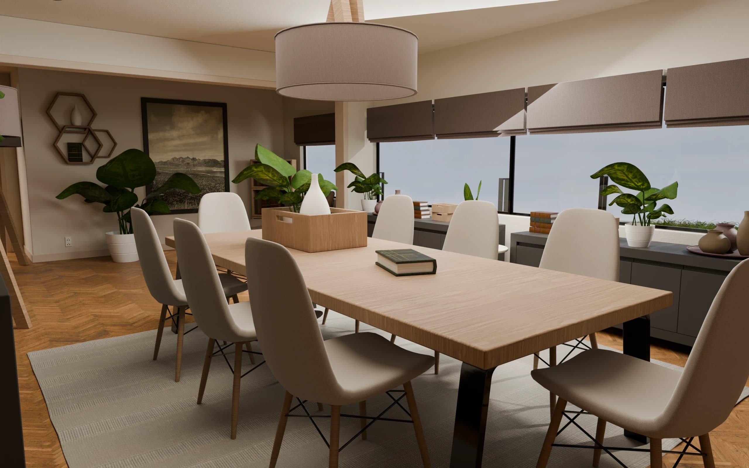 A long dining table with upholstered chairs in Villa Aurea