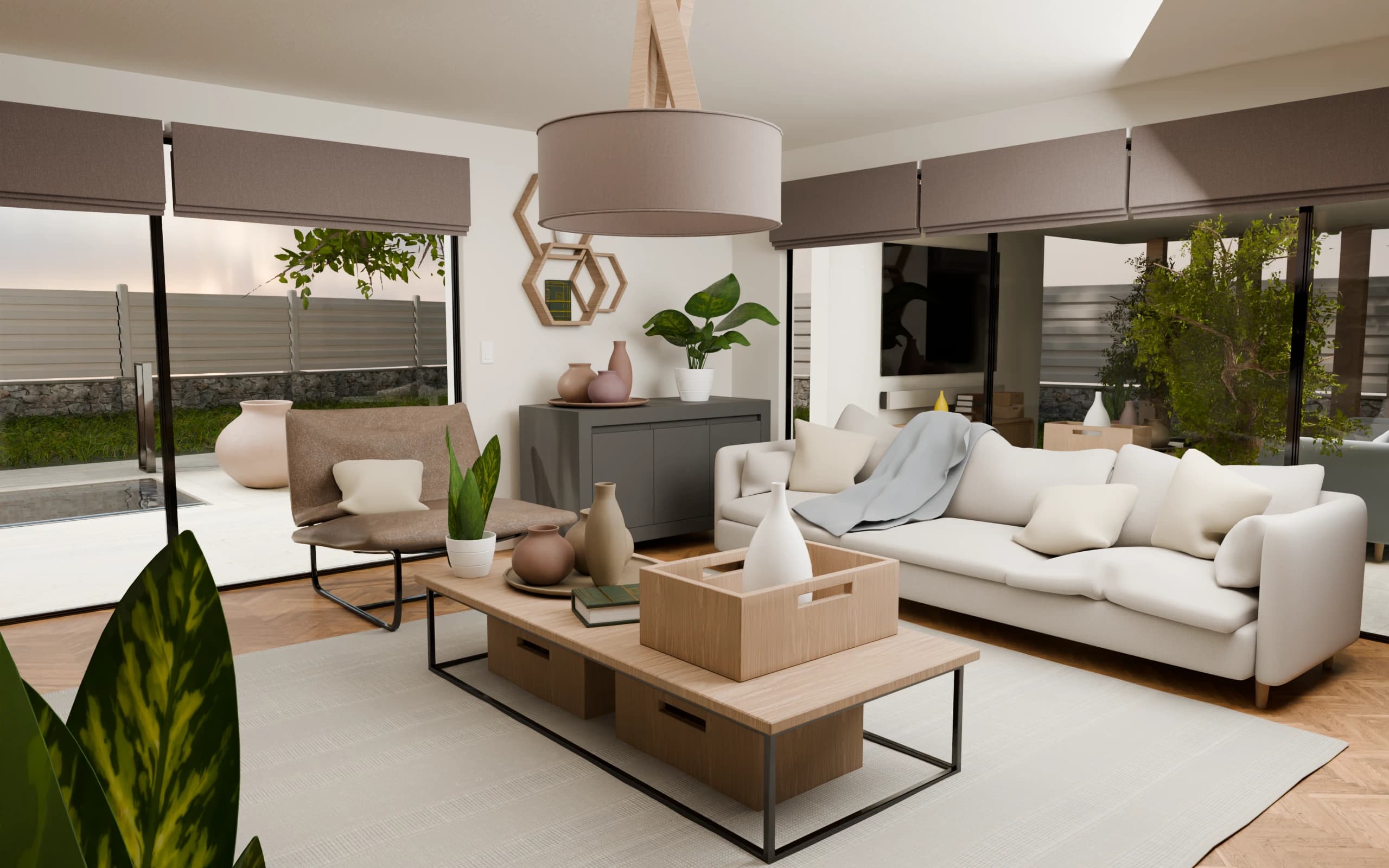 Daylight across Villa Aurea's living room, pale sofa and stone floor