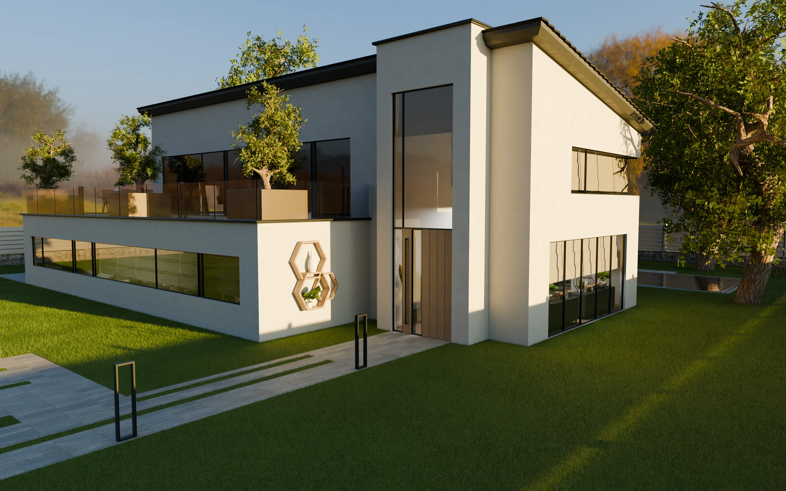 Façade contemporaine claire et terrasse ouverte de Villa Aurea